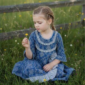 Little Lovebird ✦ Girls Blue Floral Ruffle Trim Long Sleeve Dress ✦ Size 8